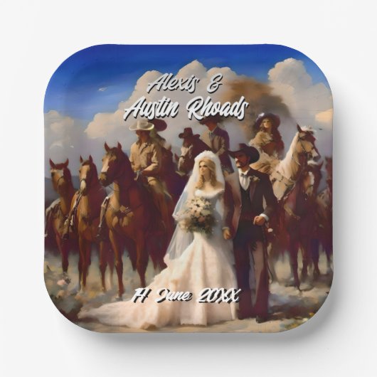 Assiettes En Carton Cowboy et mariée Mariage extérieur (Recto)