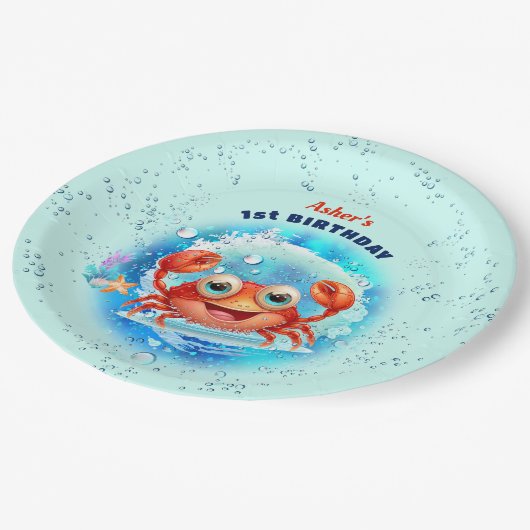 Assiettes En Carton Crabe Pool Bleu 1er anniversaire fête Garçon âge p (Angle)