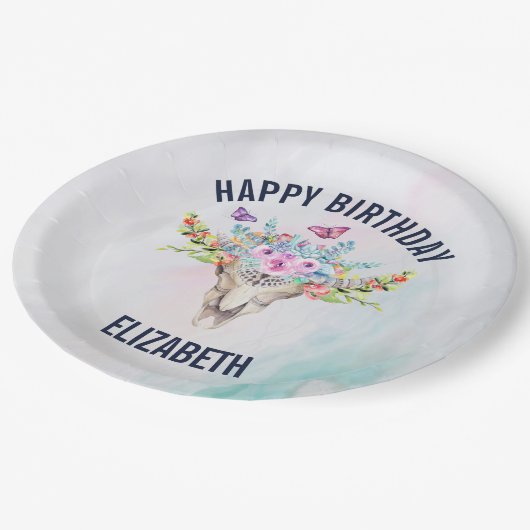 Assiettes En Carton Crâne animal Boho avec papillons et fleurs (Angle)