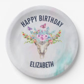 Assiettes En Carton Crâne animal Boho avec papillons et fleurs (Devant)