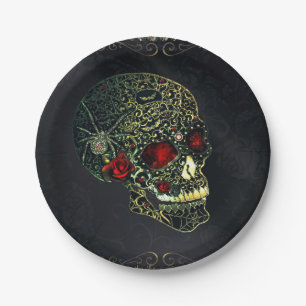 Assiettes En Carton Crâne de araignée et roses glamour gothique