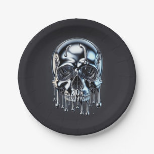 Assiettes En Carton Crâne de fête d'Halloween argent chrome liquide go