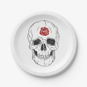 Assiettes En Carton Crâne de squelette Os Roses noires et rouges Paill