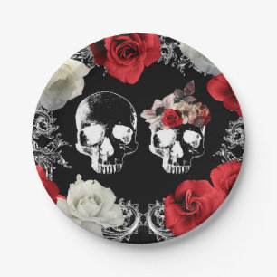 Assiettes En Carton Crâne de squelette Roses blanches rouges Mariage g