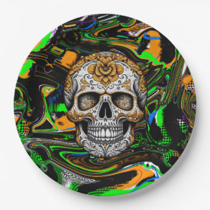 Assiettes En Carton Crâne de sucre d'art noir orange et vert citron