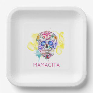 Assiettes En Carton Crâne de sucre tatouage coloré Art NOM Jour des mo