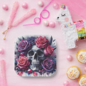 Assiettes En Carton Crâne entouré de Roses dynamiques (Fête)