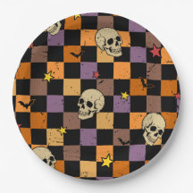 Crâne et chauves-souris Halloween vintage à damier