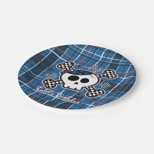 Assiettes En Carton Crâne et os bleu plaid Plaques de fête d'anniversa (Angle)