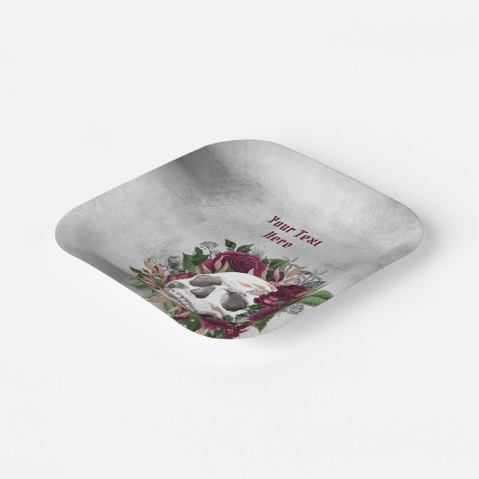 Assiettes En Carton Crâne et Rose Burgundy Maroon Grey Personnalisé (Angulaire)