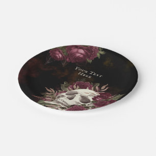 Assiettes En Carton Crâne et Roses Bourgogne Noir Grunge Personnalisé