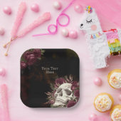 Assiettes En Carton Crâne et Roses Bourgogne Noir Grunge Personnalisé (Fête)