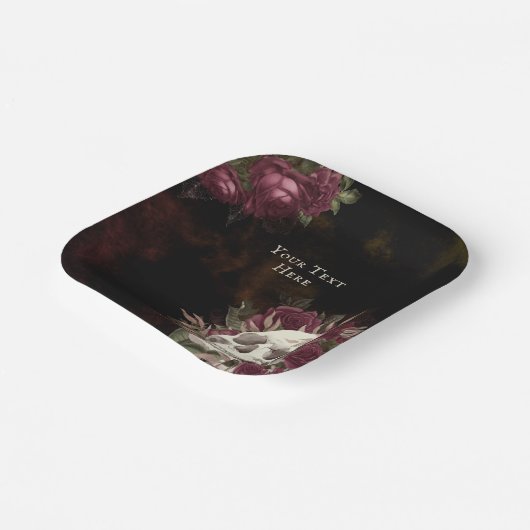 Assiettes En Carton Crâne et Roses Bourgogne Noir Grunge Personnalisé (Angulaire)