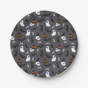 Assiettes En Carton Crâne gris Fantôme Ravens Chats Halloween Motif