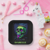 Assiettes En Carton crâne hanté vert néon gothique nuit halloween (Fête)