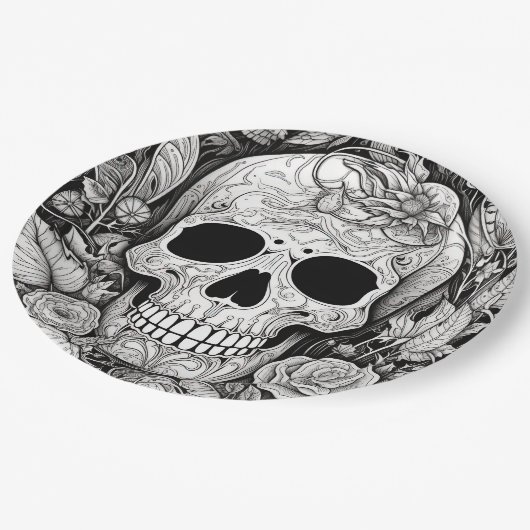 Assiettes En Carton Crâne noir et blanc éffrayant Plaque papier Hallow (Angle)