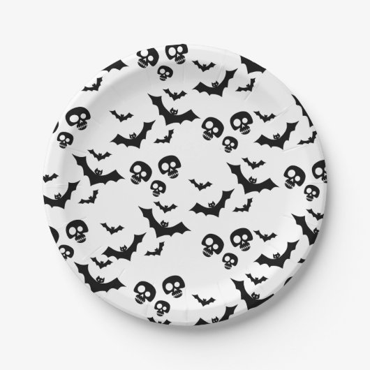 Assiettes En Carton crâne noir et chauves-souris (Devant)