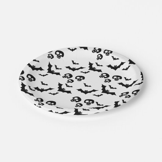 Assiettes En Carton crâne noir et chauves-souris (Angle)