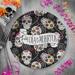 Assiettes En Carton Crânes à sucre et tourbillons Rose noir ID725