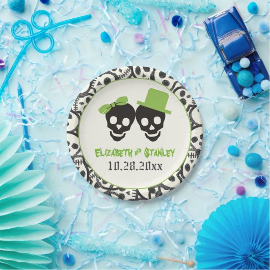 Assiettes En Carton Crânes amusants Halloween mariage vert et noir (Fête)