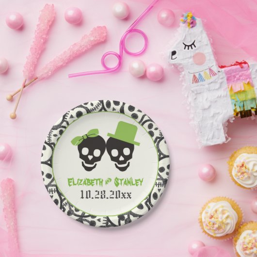 Assiettes En Carton Crânes amusants Halloween mariage vert et noir (Fête)