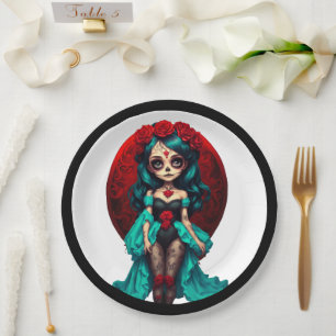 Assiettes En Carton Crânes de sucre roses sarcelles et rouges