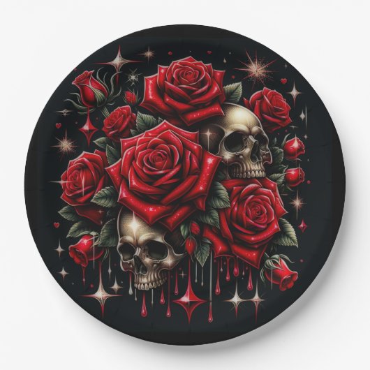 Assiettes En Carton Crânes d'or et roses rouges étincelante gothique (Devant)
