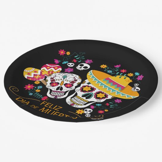 Assiettes En Carton Crânes et fleurs à sucre du Parti (Angle)