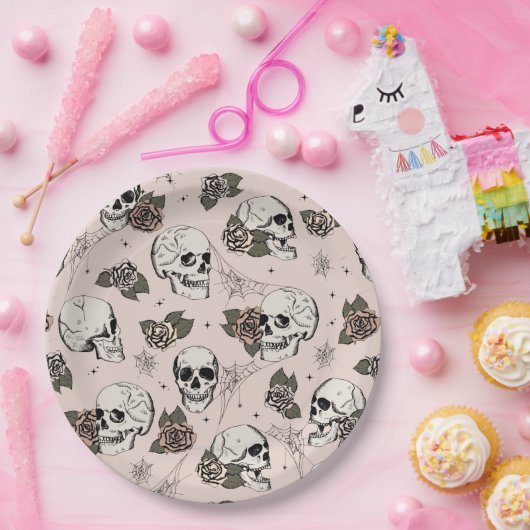 Assiettes En Carton Crânes gothiques roses et Halloween Rose (Fête)