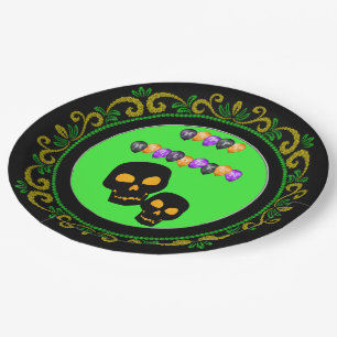 Assiettes En Carton Crânes noirs verts jaunes Ballons joyeux Halloween