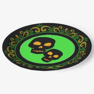 Assiettes En Carton Crânes noirs verts jaunes Halloween