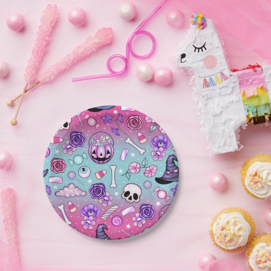 Assiettes En Carton Crânes roses et bonbons Plaques en papier d'Hallow (Fête)