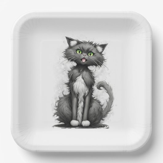 Assiettes En Carton Crazy Chat Sur Blanc (Recto)
