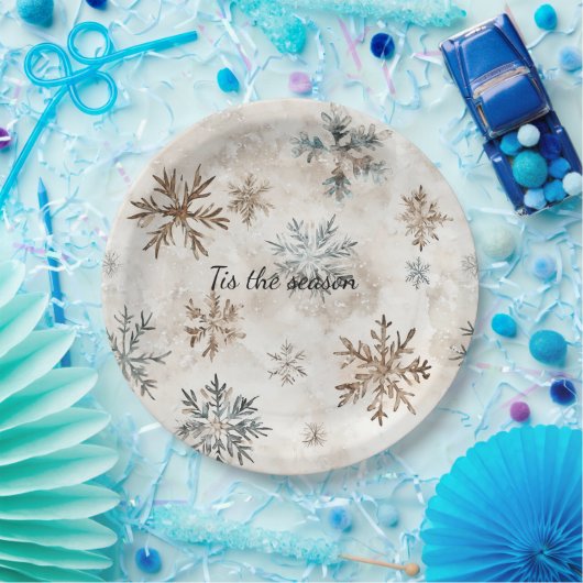 Assiettes En Carton Cream Blue Brown Snowflakes Christmas (Fête)