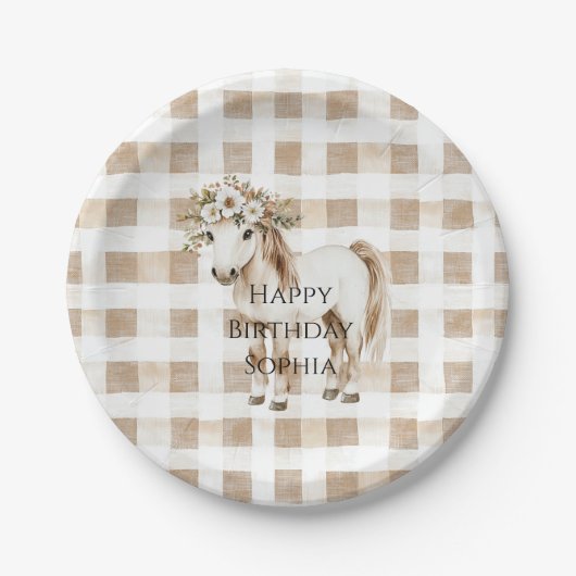 Assiettes En Carton Cream White Plaid Stripes Horse Birthday (Devant)