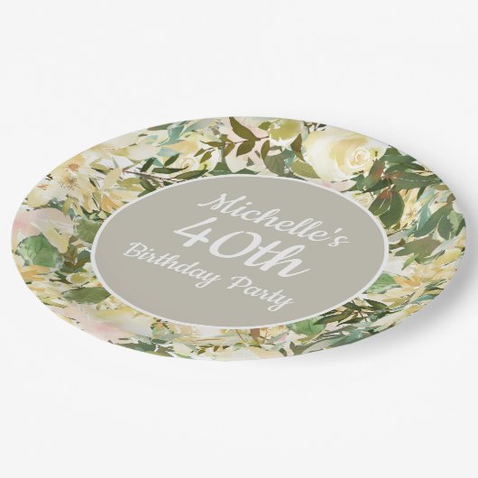 Assiettes En Carton Creamy White Sage Green Floral 40e fête d'annivers (Angle)