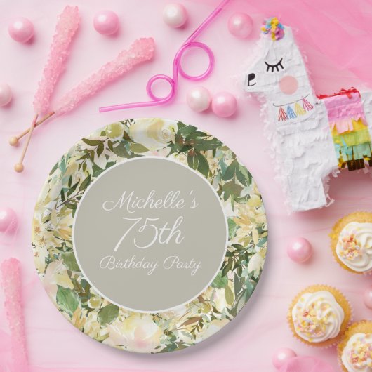 Assiettes En Carton Creamy White Sage Green Floral 75e fête d'annivers (Fête)