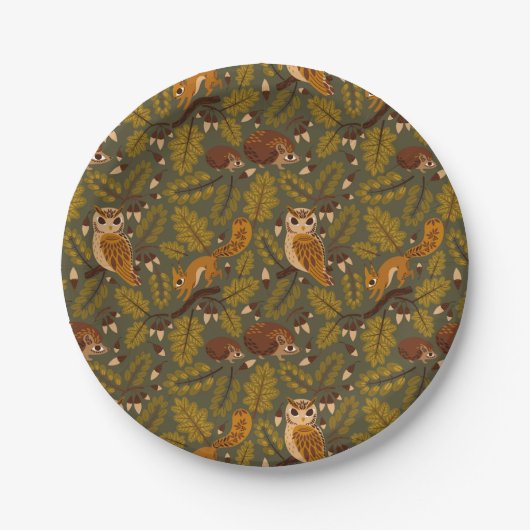 Assiettes En Carton Créatures des bois et Motif Feuille (Devant)