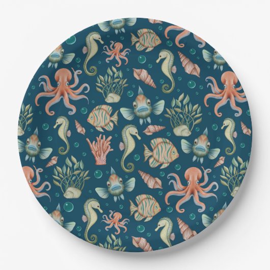 Assiettes En Carton Créatures sous-marines en bleu (Devant)