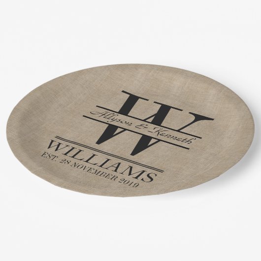 Assiettes En Carton Créez votre propre logo Burlap Anniversaire Monogr (Angle)
