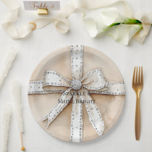 Assiettes En Carton Crème Blanc Argent Glitzy Glam Bow anniversaire