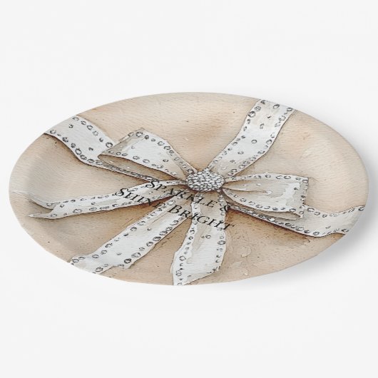 Assiettes En Carton Crème Blanc Argent Glitzy Glam Bow anniversaire (Angle)
