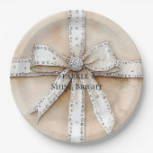 Assiettes En Carton Crème Blanc Argent Glitzy Glam Bow anniversaire (Devant)
