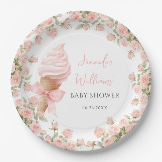 Assiettes En Carton Crème de glace rose Floral été bébé fille douche (Devant)