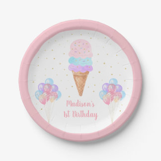 Assiettes En Carton Crème de glace rose or Pastel Anniversaire