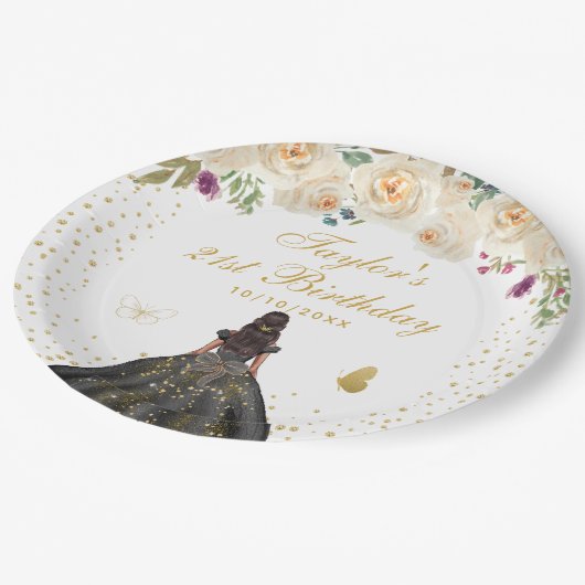 Assiettes En Carton Crème Floral Peau foncée Fille Anniversaire (Angle)