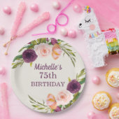 Assiettes En Carton Crème florale rose pourpre 75e anniversaire (Fête)