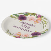 Assiettes En Carton Crème florale rose pourpre 75e anniversaire (Angle)