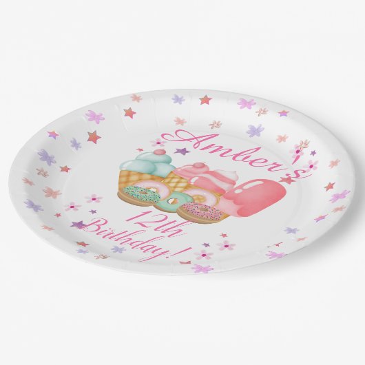 Assiettes En Carton Crème glacée douce, Anniversaire de beignes, N'imp (Angle)