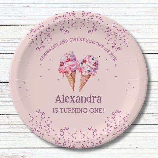 Assiettes En Carton Crème glacée rose fille 1er anniversaire fête